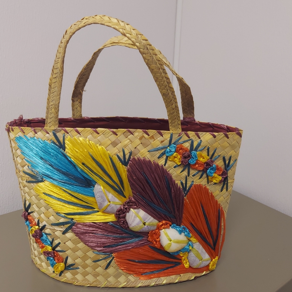 Vintage Floral & Shells Woven Tourist Bag Purse Raffia Straw Beach